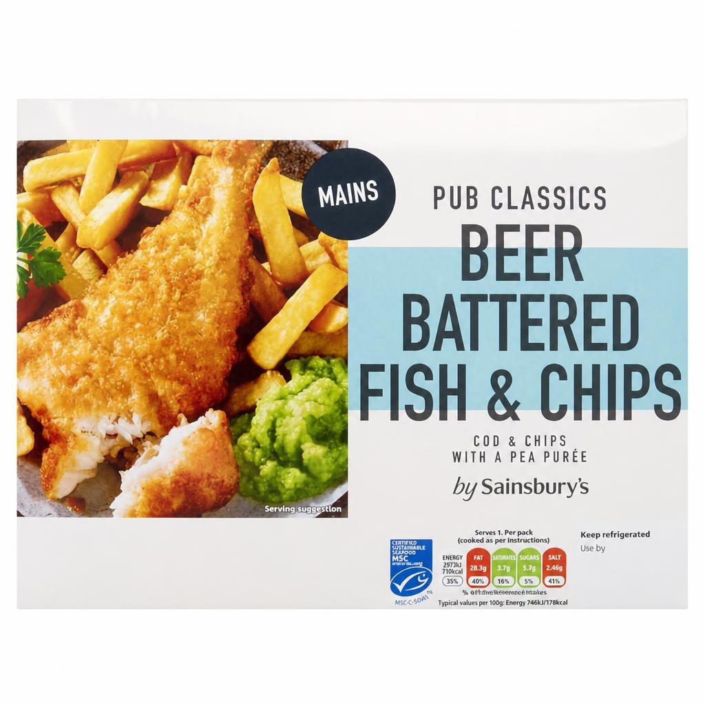 Sainsbury's Pub Classics Beer Battered Fish & Chips with a Pea Puree 450g