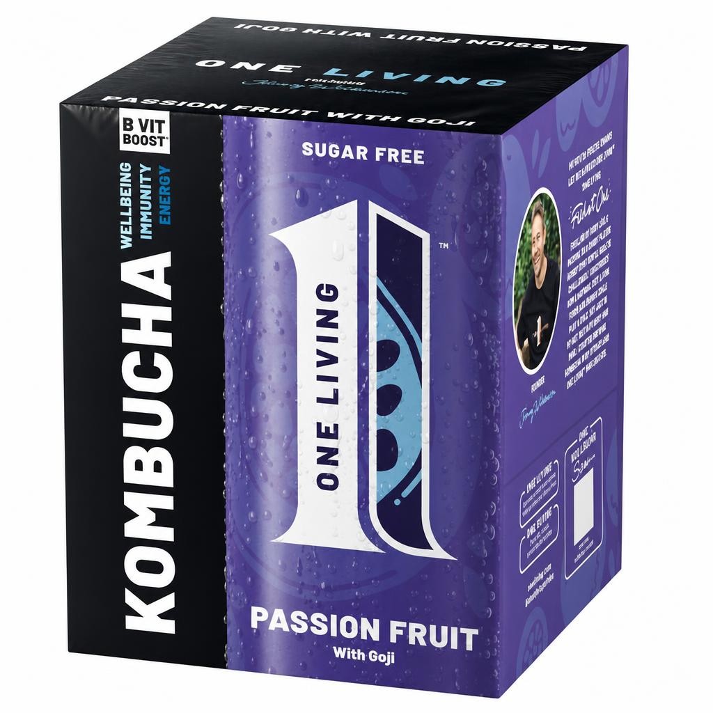 One Living Sugar Free Passion Fruit Kombucha with Goji 4x250ml