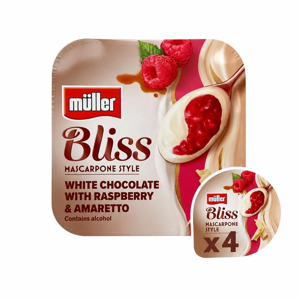 Müller Bliss Mascarpone White Chocolate & Raspberry Amaretto Yogurt 4 x 100g