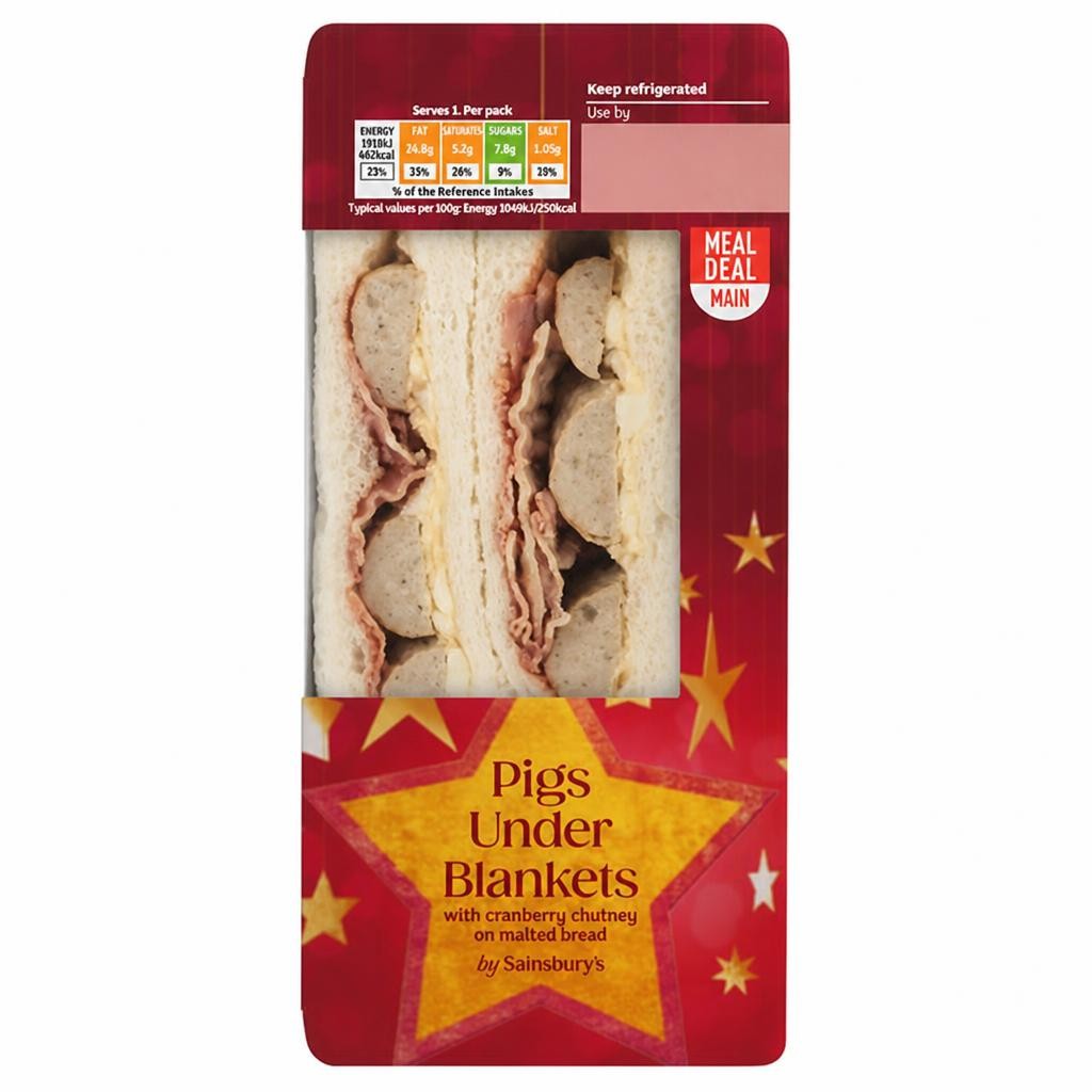 Sainsbury's Pigs Under Blankets with Cranberry Chutney on Malted Bread Sandwich