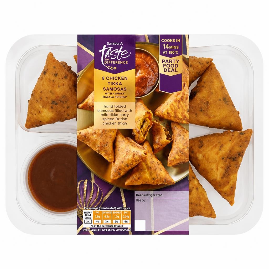 Sainsbury's 8 Chicken Samosas with a Smoky Masala Ketchup, Taste the Difference 250g