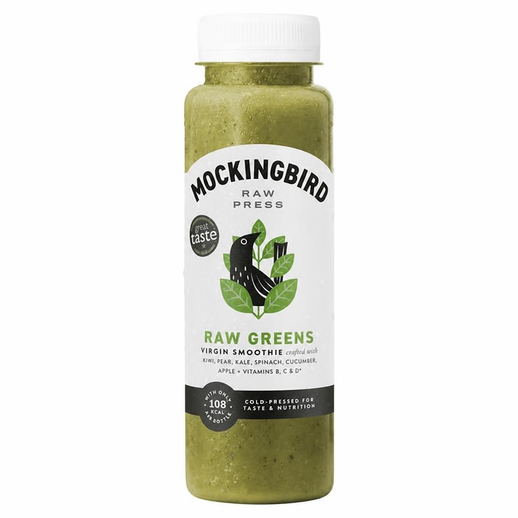 Mockingbird Raw Press 250ml Raw Greens, Kiwi, Spinach, Pear, Banana with Vitamins Smoothie