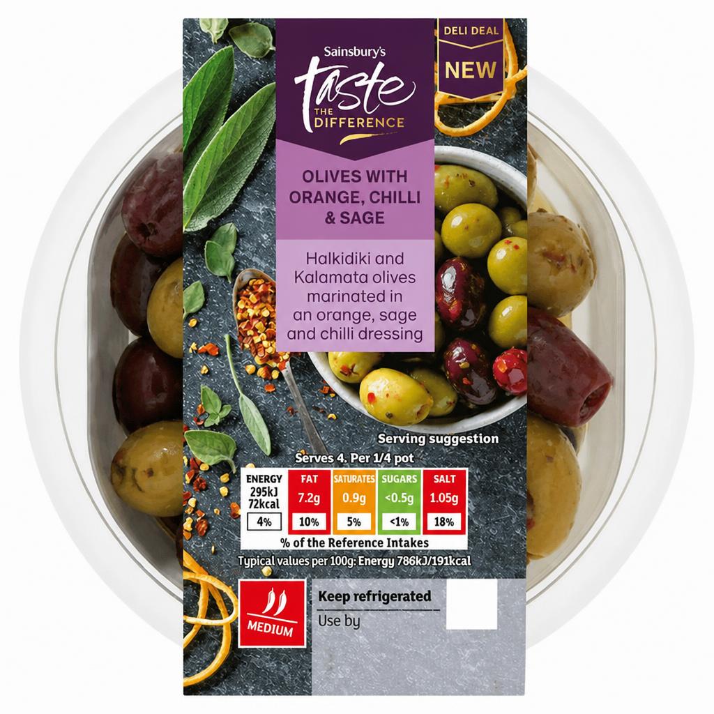 Sainsbury's Olives with Orange, Chilli & Sage, Taste the Difference 150g