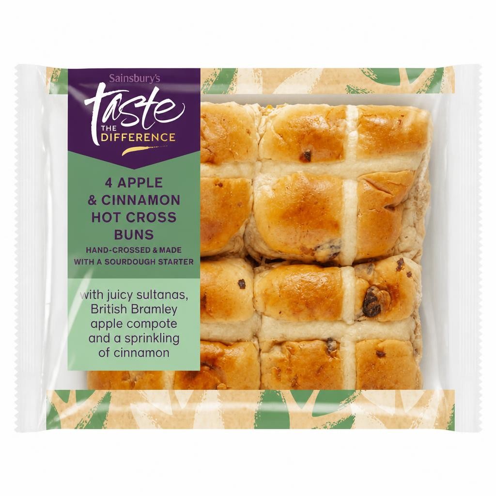 Sainsbury's 4 Apple & Cinnamon Hot Cross Buns, Taste the Difference 280g