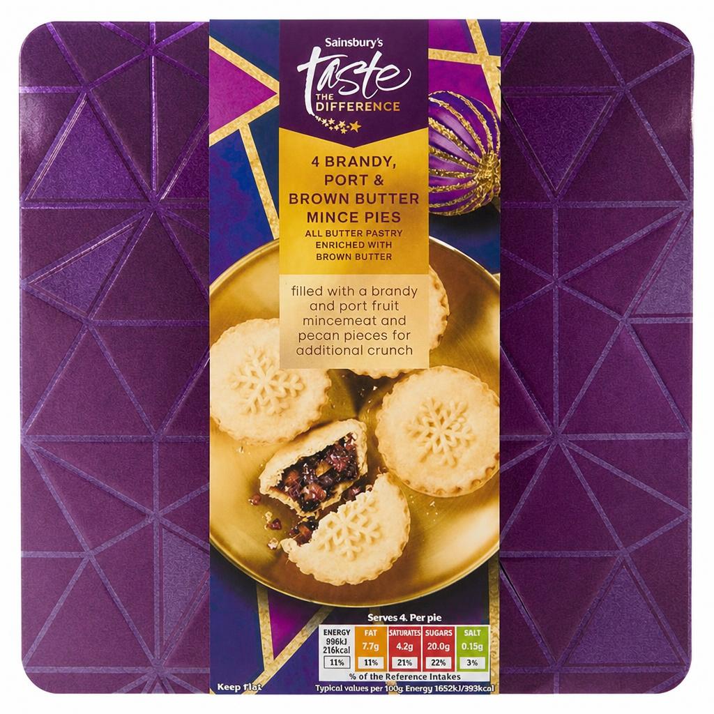 Sainsbury's Brandy, Port & Brown Butter Mince Pies, Taste the Difference x4 220g
