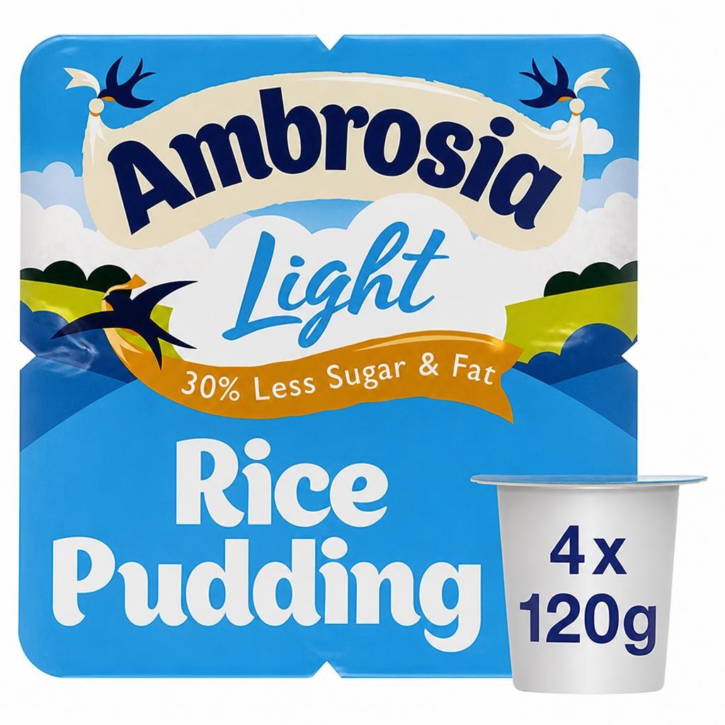 Ambrosia Light 4 x 120g Low Fat & Reduced Sugar Rice Pudding Dessert Snack Pots