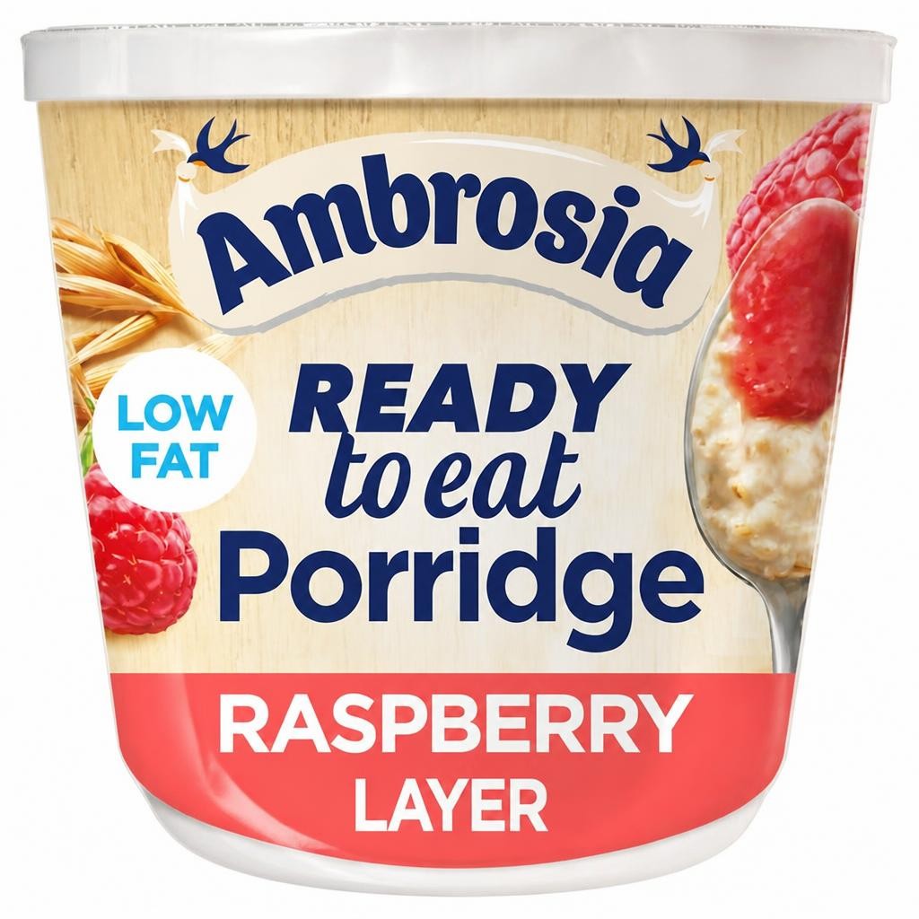 Ambrosia Ready to Eat Porridge Oat Cereal Pot Raspberry Layer 210g