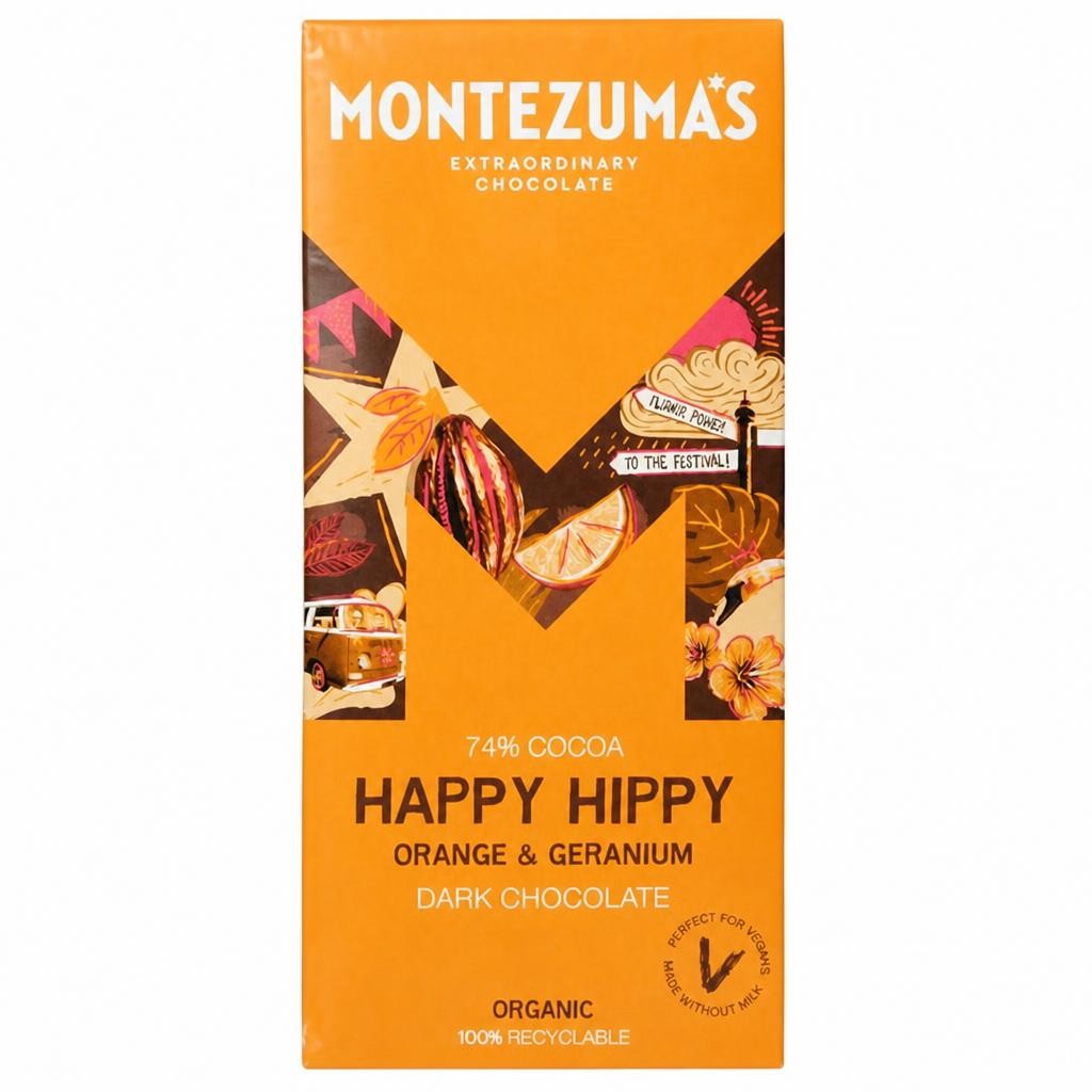 Montezuma's Organic 74% Happy Hippy Orange & Geranium Dark Chocolate 90g