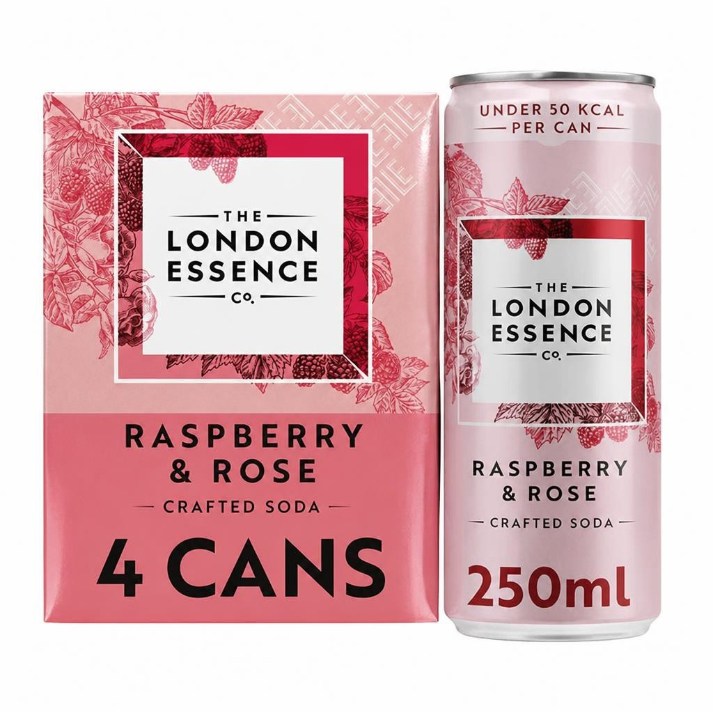 The London Essence Co. Raspberry & Rose Crafted Soda Cans 4 x 250ml