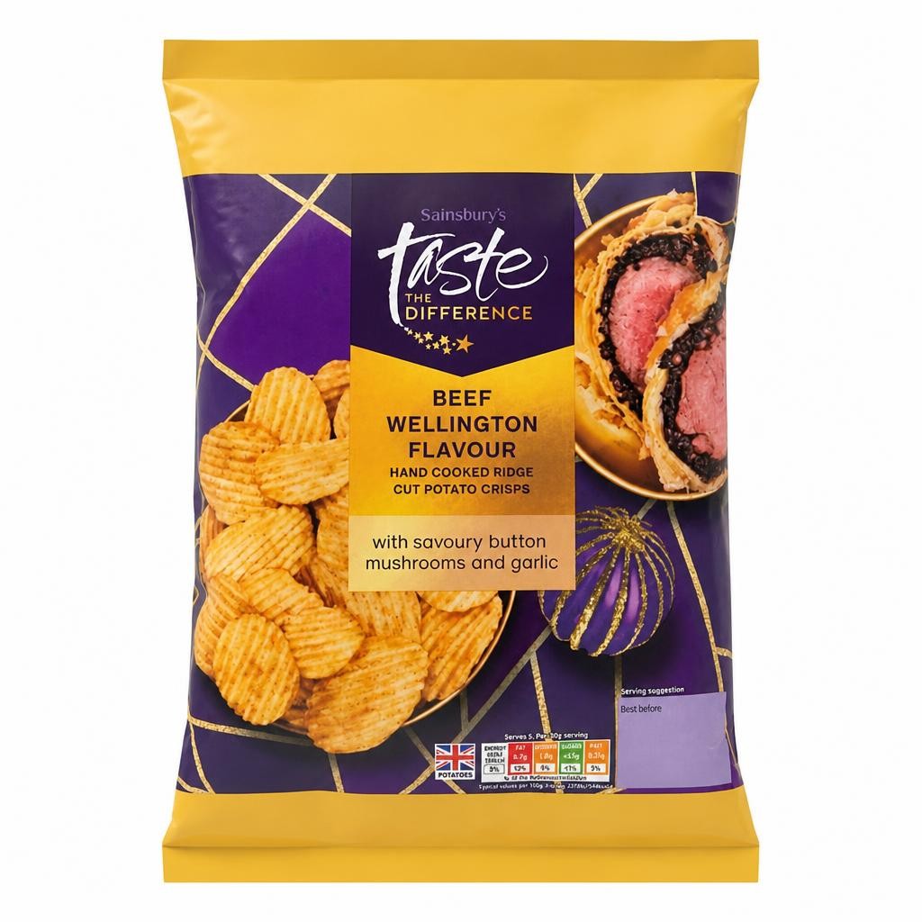 Sainsbury's Beef Wellington Flavour Hand Cooked Ridge Cut Potato Crisps, Taste the Difference 150g