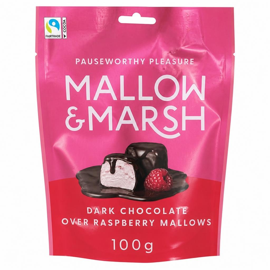 Mallow & Marsh Raspberry Marshmallows Coated in 70% Dark Chocolate 100g