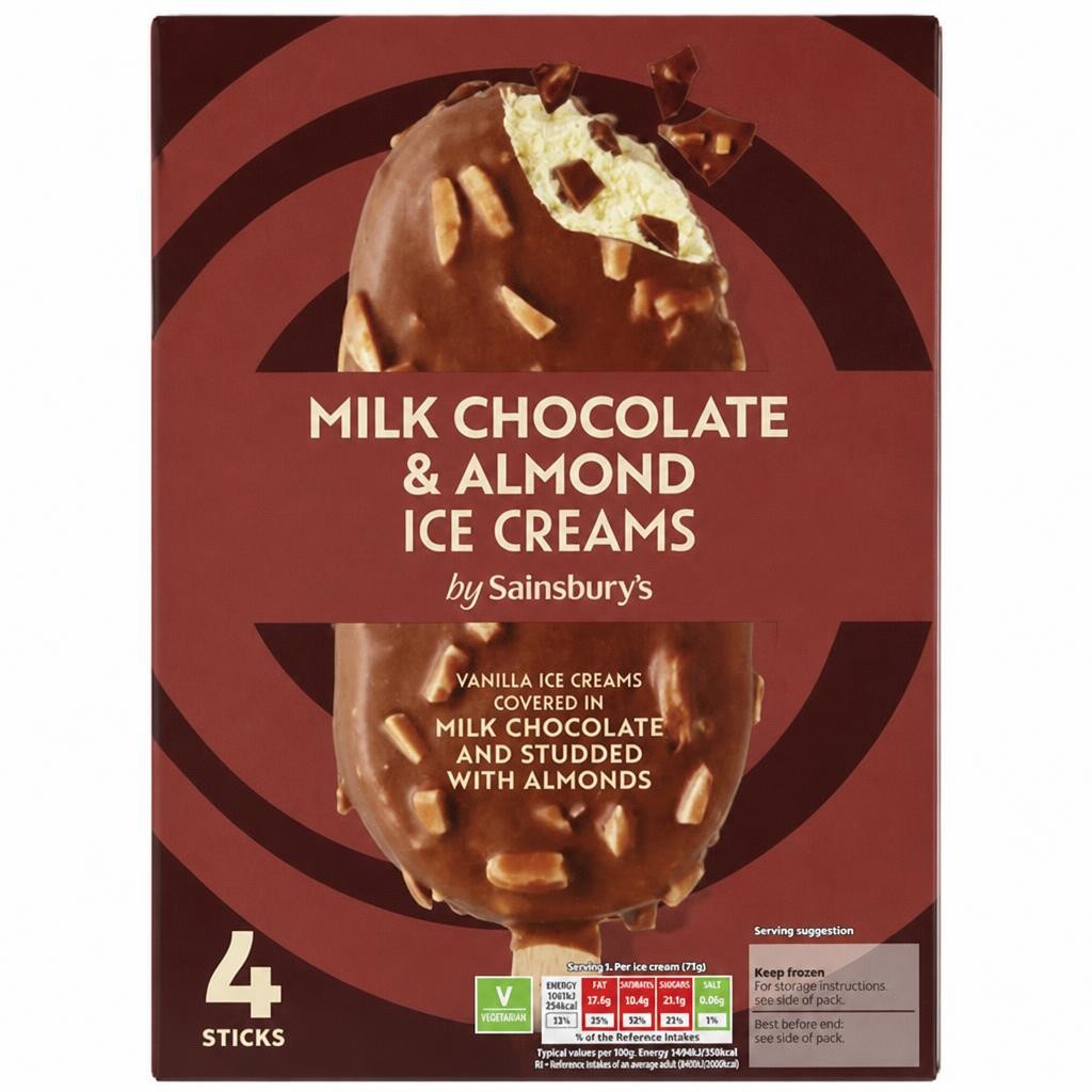 Sainsbury's Milk Chocolate & Almonds Ice Creams 4 X 110ml