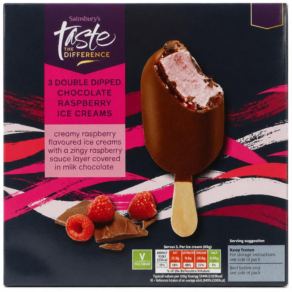 Sainsbury's Double Dipped Chocolate Raspberry Ice Creams, Taste the Difference 3x88g