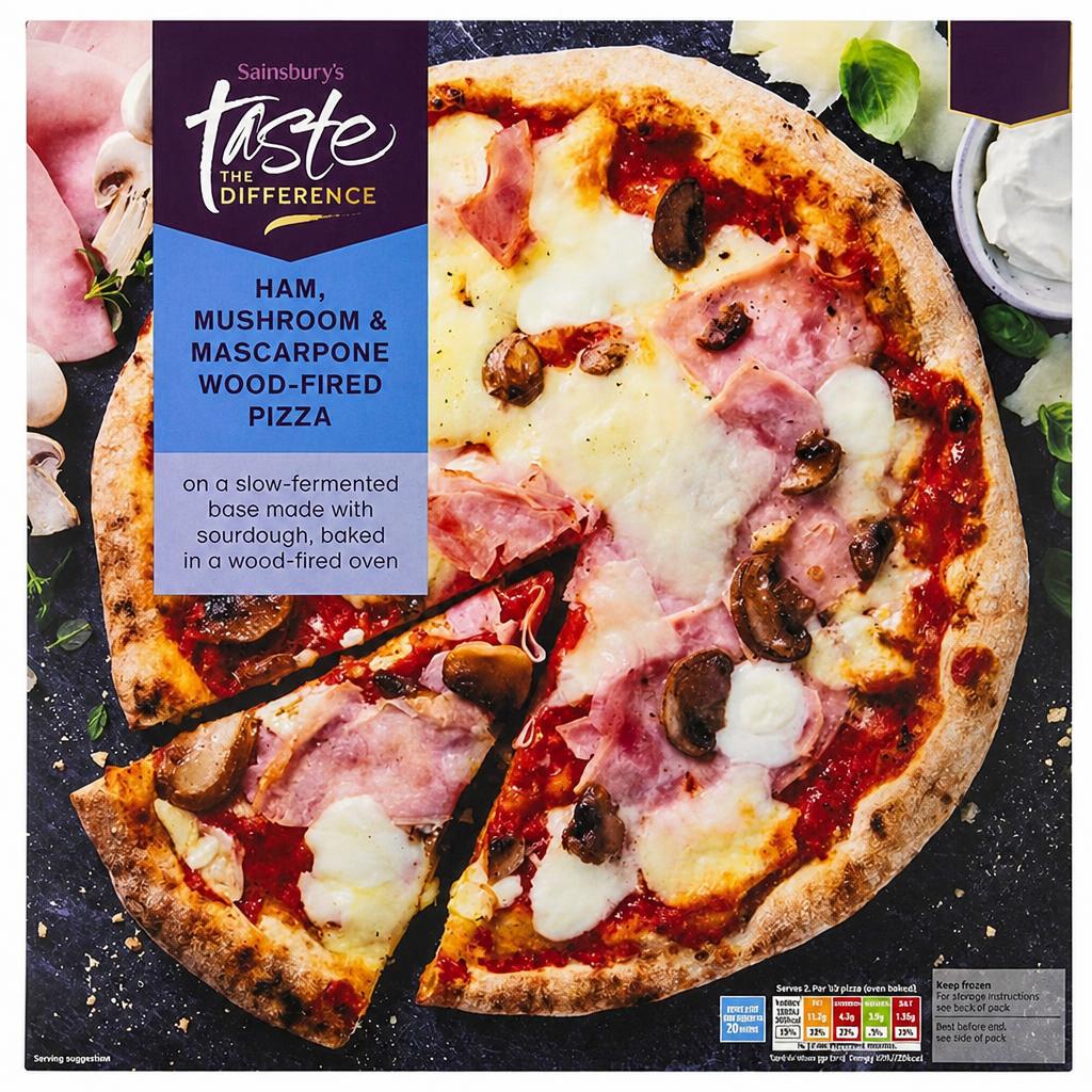 Sainsbury's Ham Mushroom & Mascarpone Wood Fired Pizza, Taste the Difference 410g