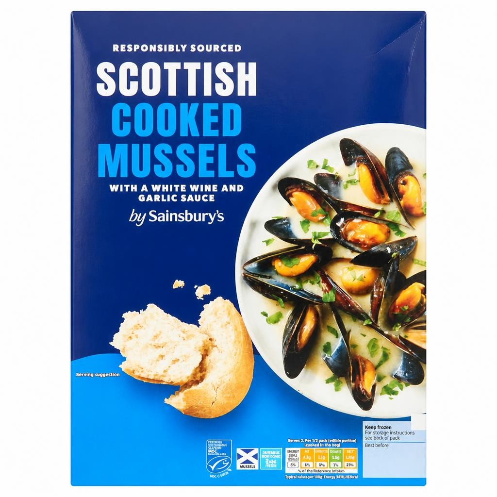 Sainsbury's Frozen Scottish MSC Mussels Cooked in White Wine & Garlic 500g