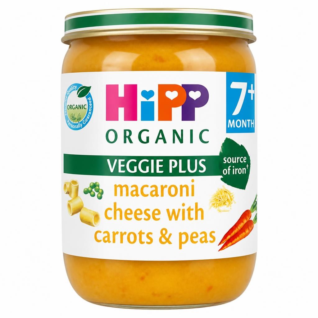 HiPP Organic Macaroni Cheese with Carrots & Peas Baby Food Jar 7+ Months 190g