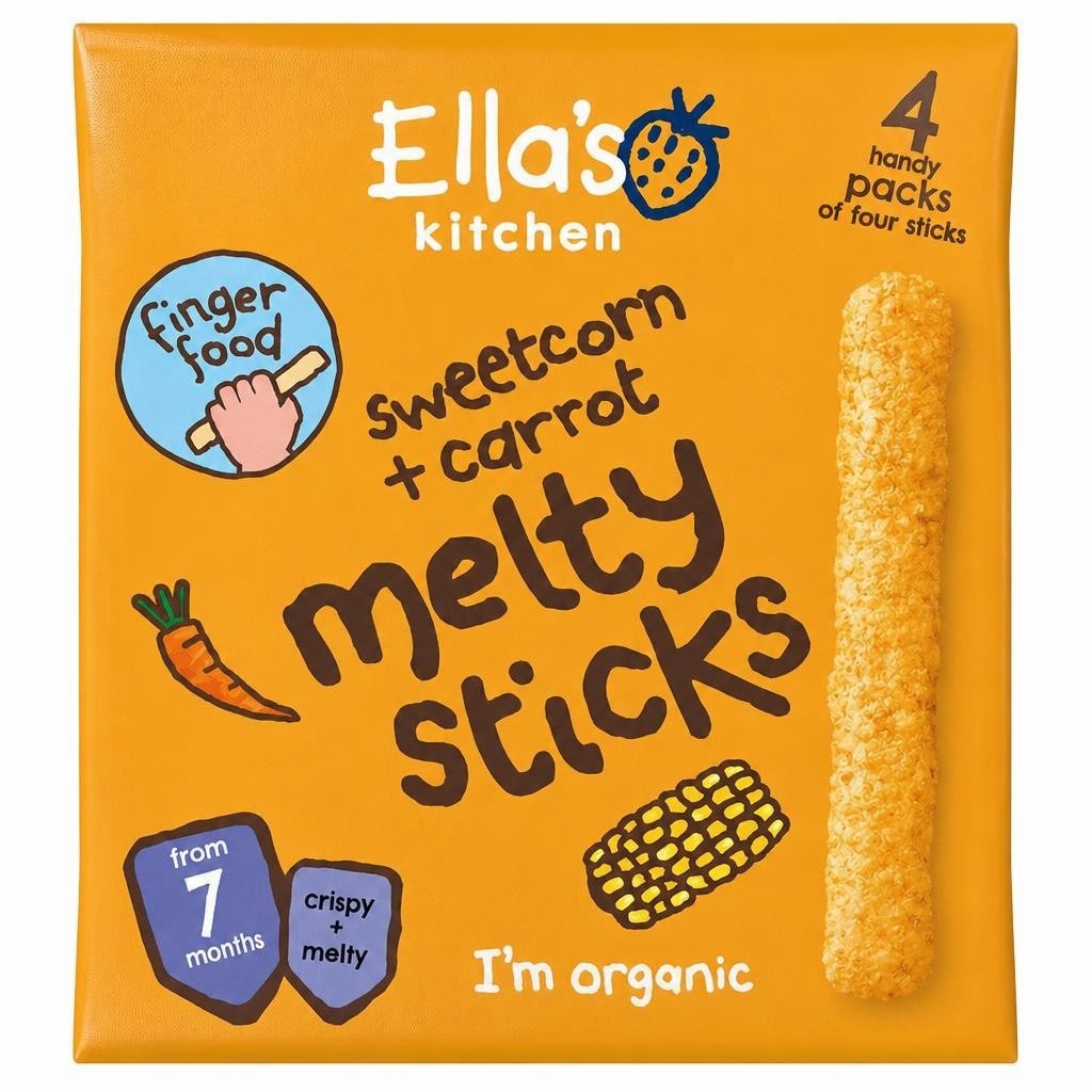 Ella's Kitchen Organic Sweetcorn & Carrot Melty Sticks Multipack Baby Snack 7+ Months 4x6g