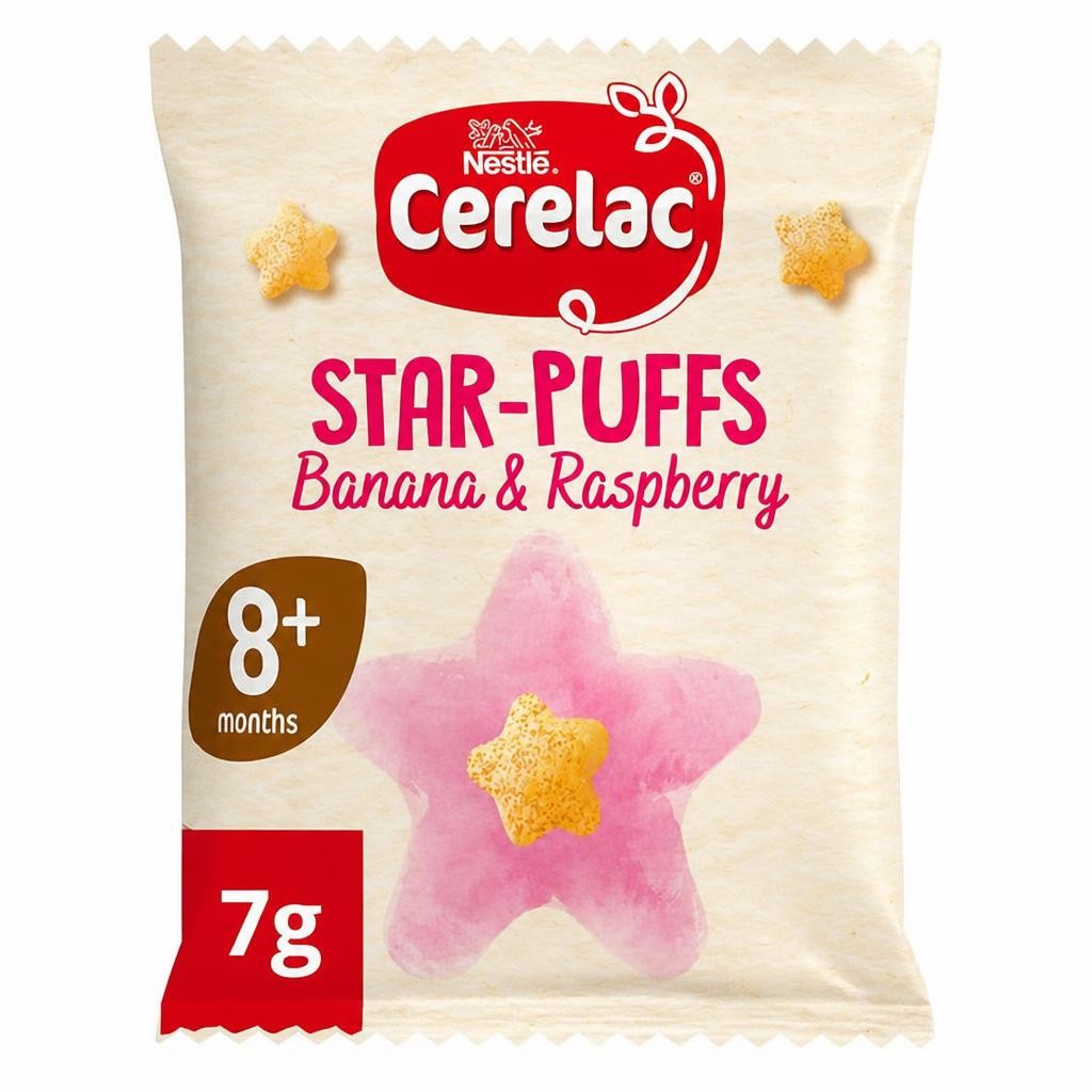 Cerelac Banana & Raspberry Star Puffs Baby Food Snack 8+ Months 7g