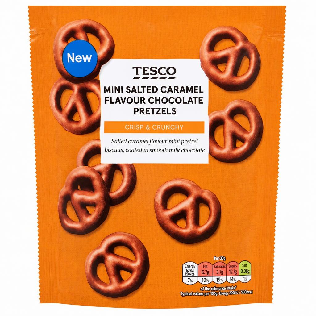 Tesco Mini Salted Caramel Flavour Chocolate Pretzels Biscuits 90g Pouch