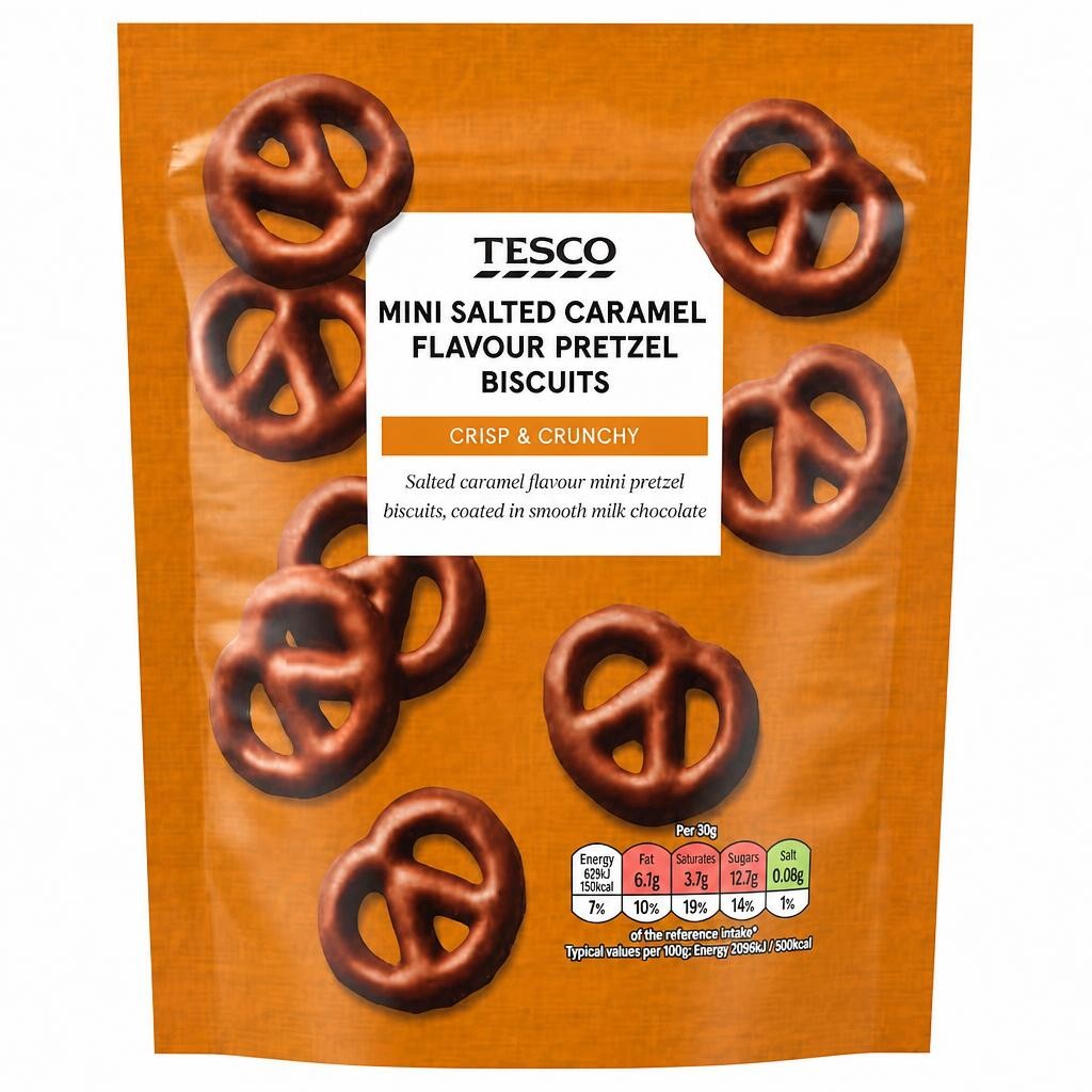 Tesco Mini Salted Caramel Flavour Chocolate Pretzels Biscuits 90g Pouch