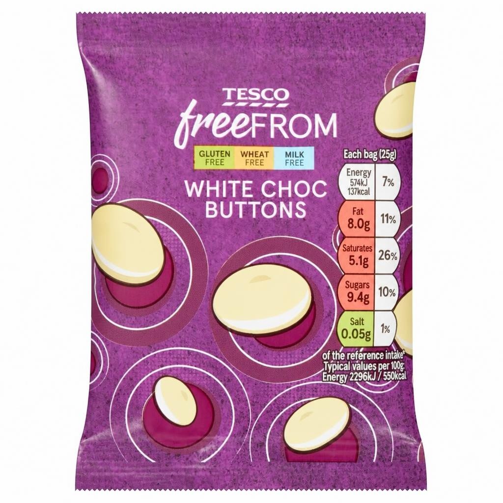 Tesco Free From White Choc Buttons 25g