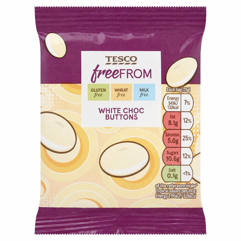 Tesco Free From White Choc Buttons 25g