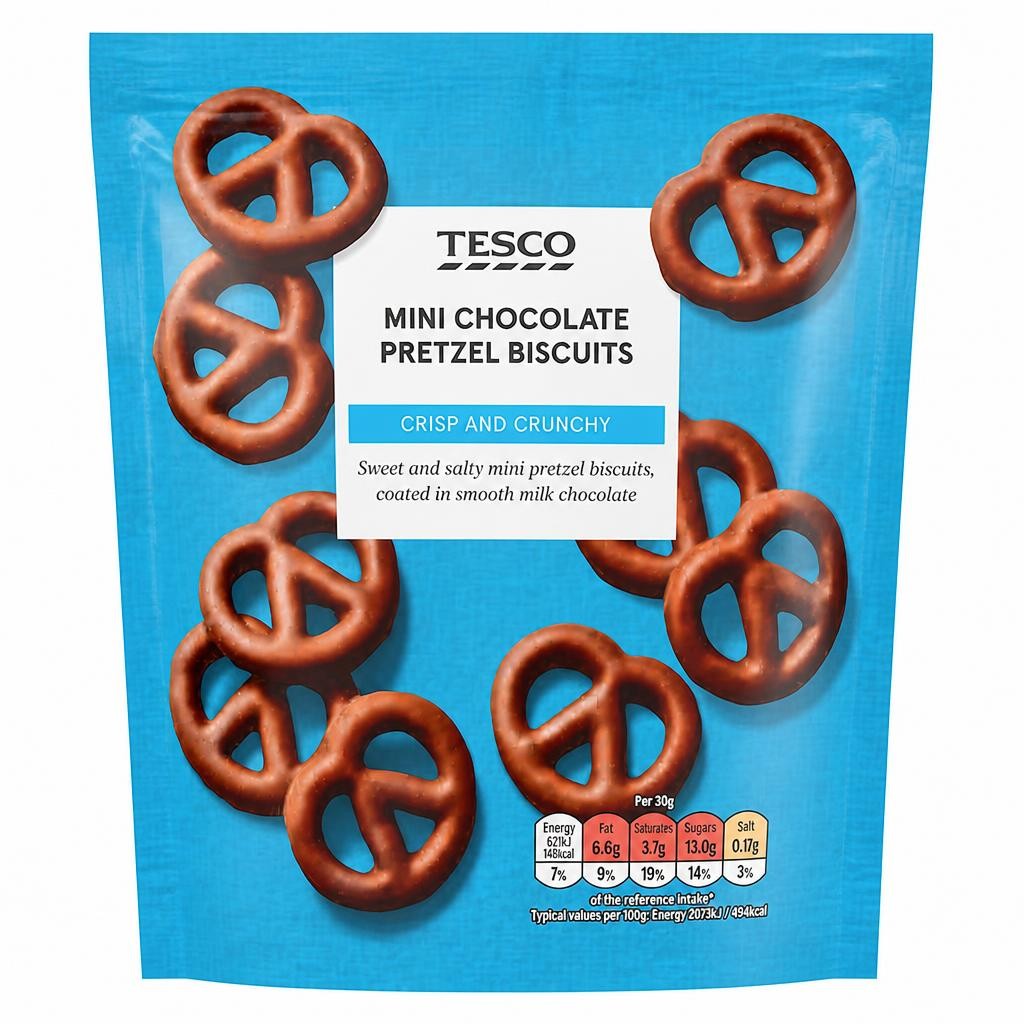 Tesco Mini Sweet & Salty Chocolate Pretzels Biscuit 90g Pouch