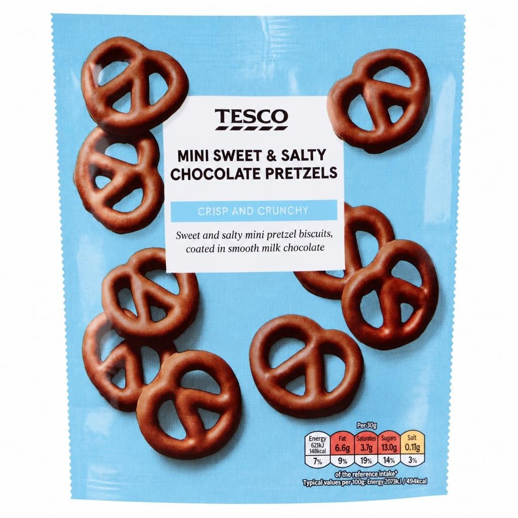 Tesco Mini Sweet & Salty Chocolate Pretzels Biscuit 90g Pouch