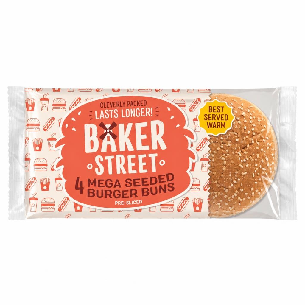 Baker Street 4 Pre-Sliced Mega Seeded Burger Buns