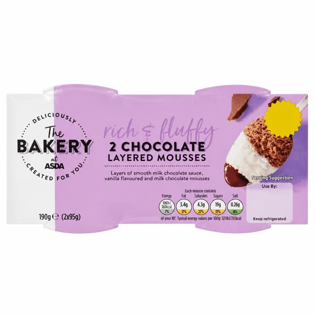 The BAKERY at ASDA The Bakery at  Chocolate Layered Mousses 2 x 95g (190g)