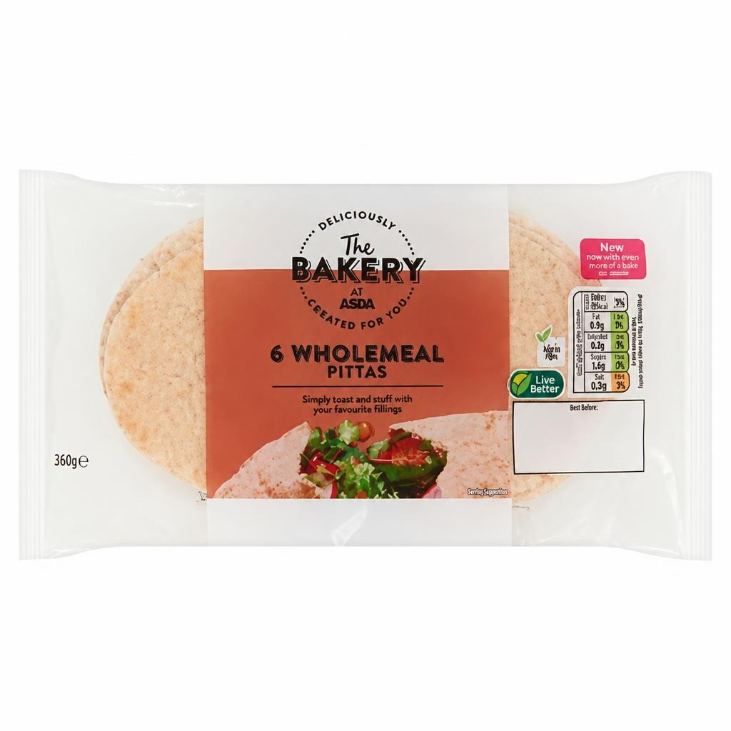 The BAKERY at ASDA The Bakery 6 Wholemeal Pittas 360g