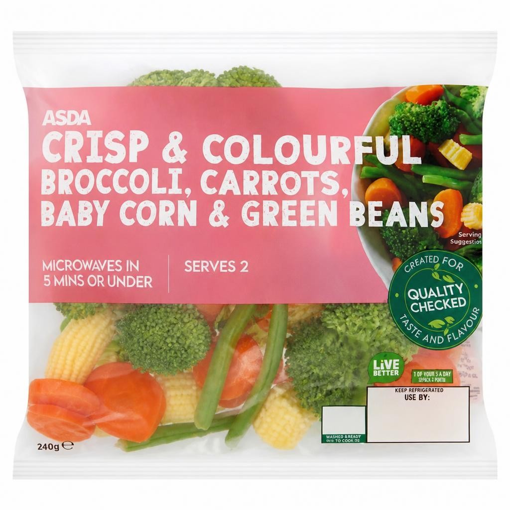 ASDA Crisp & Colourful Broccoli, Carrots Baby Corn & Green Beans 240g