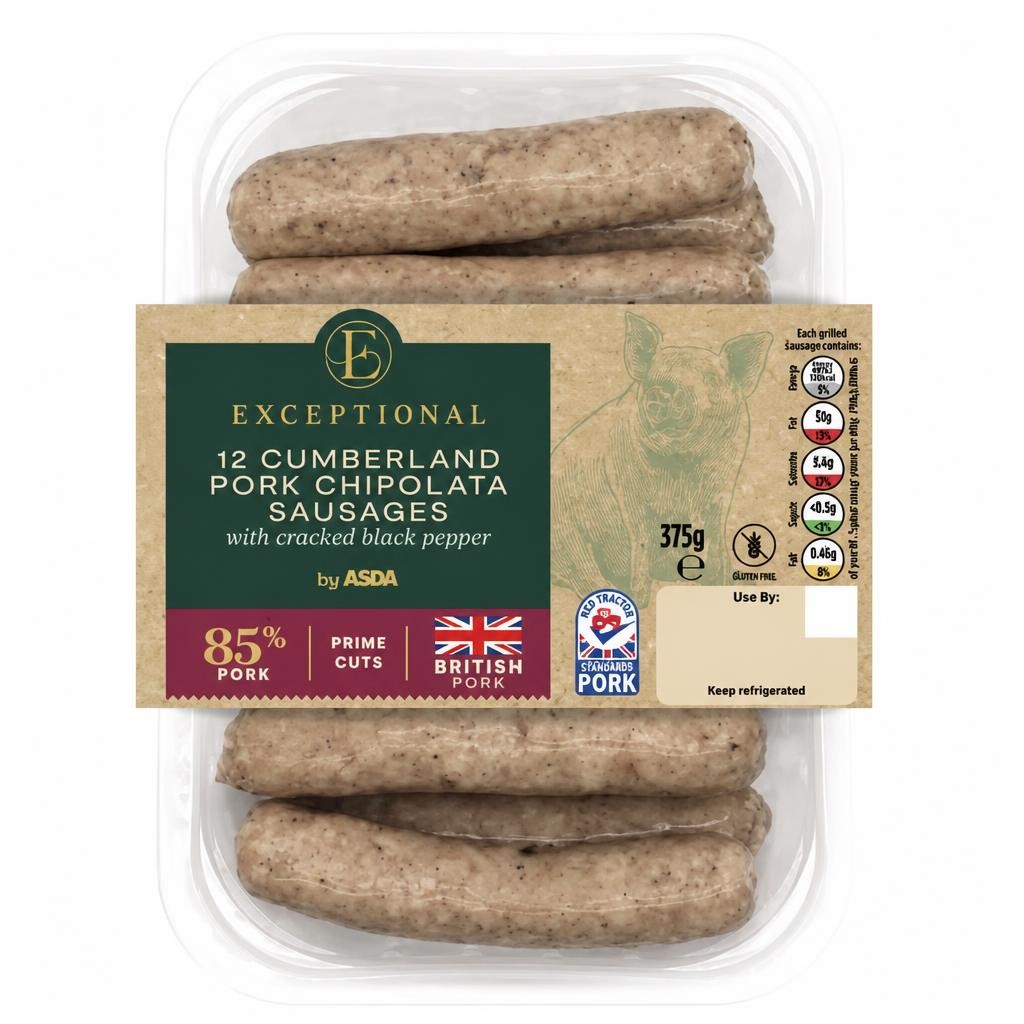 Exceptional by ASDA Exceptional by  12 Cumberland Pork Chipolata Sausages with Cracked Black Pepper 375g