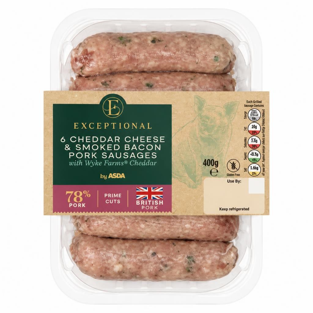 Exceptional by ASDA Exceptional by  6 Cheddar Cheese & Smoked Bacon Pork Sausages 400g