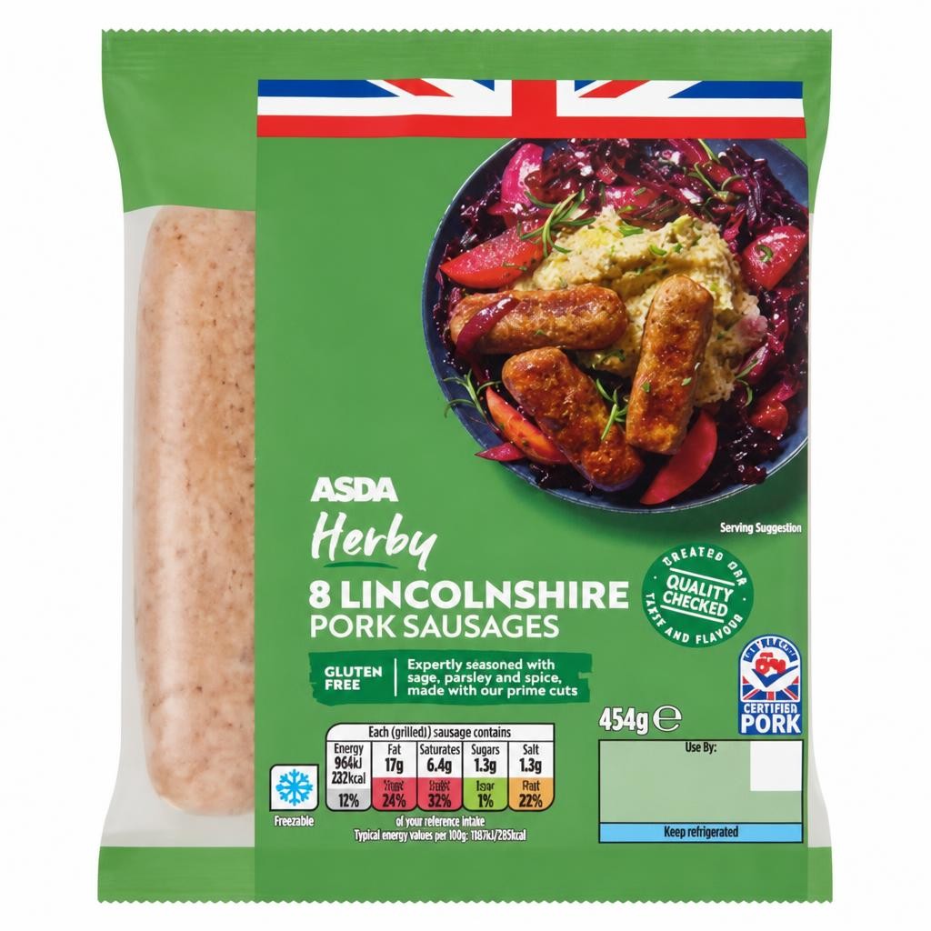ASDA 8 Herby Lincolnshire Pork Sausages 454g
