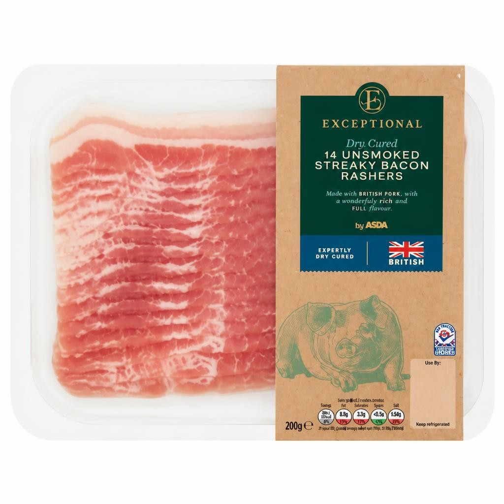 Exceptional by ASDA 14 Dry Cured Unsmoked Streaky Bacon Rashers 200g