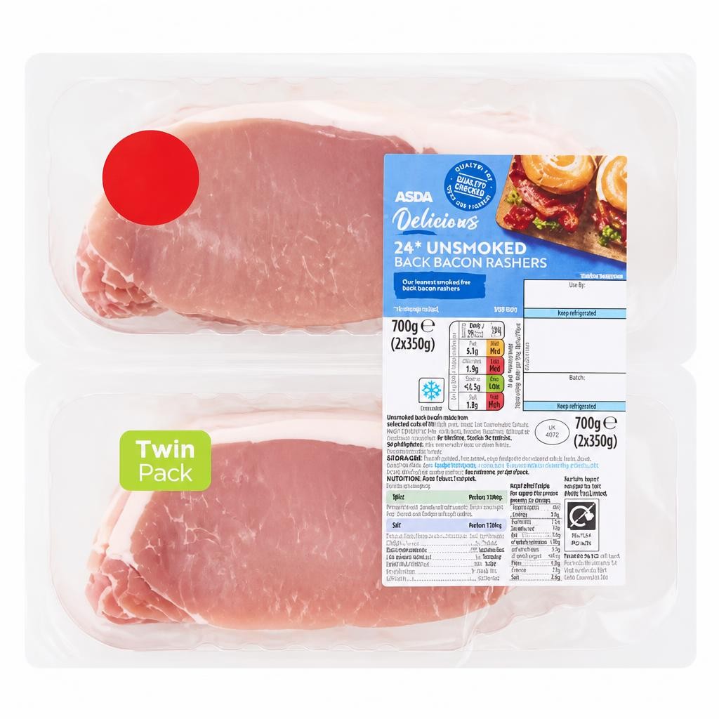 ASDA Delicious 24 Unsmoked Back Bacon Rashers 2 x 350g (700g)