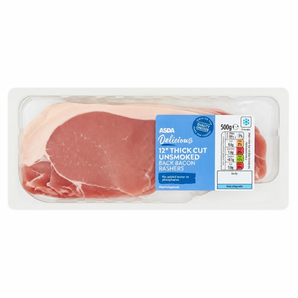 ASDA Delicious 12 Thick Cut Unsmoked Back Bacon Rashers 500g
