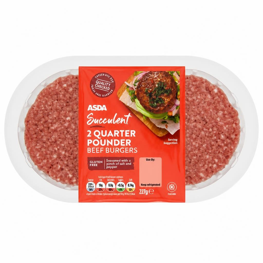 ASDA 2 Succulent Quarter Pounder Beef Burgers 227g