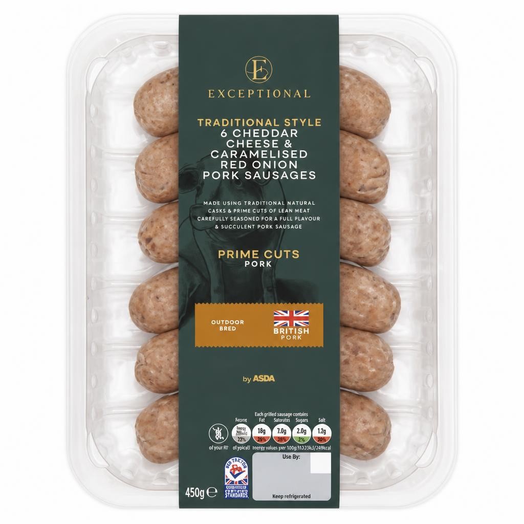 Exceptional by ASDA 6 Traditional Style Cheddar Cheese & Caramelised Red Onion Pork Sausages 450g