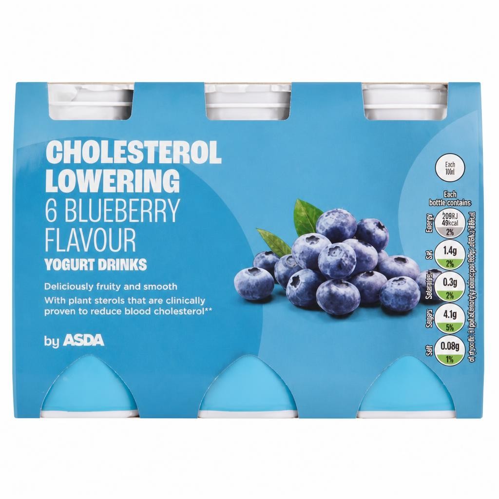 ASDA Cholesterol Lowering Blueberry Flavour Yoghurt Drinks 6 x 100g (600g)