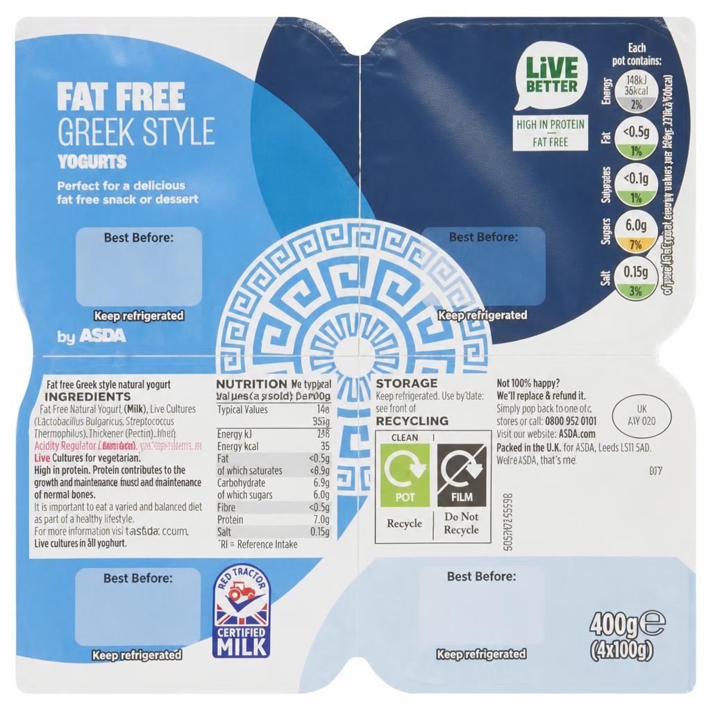 ASDA Fat Free Greek Style Yogurts 4 x 100g (400g)