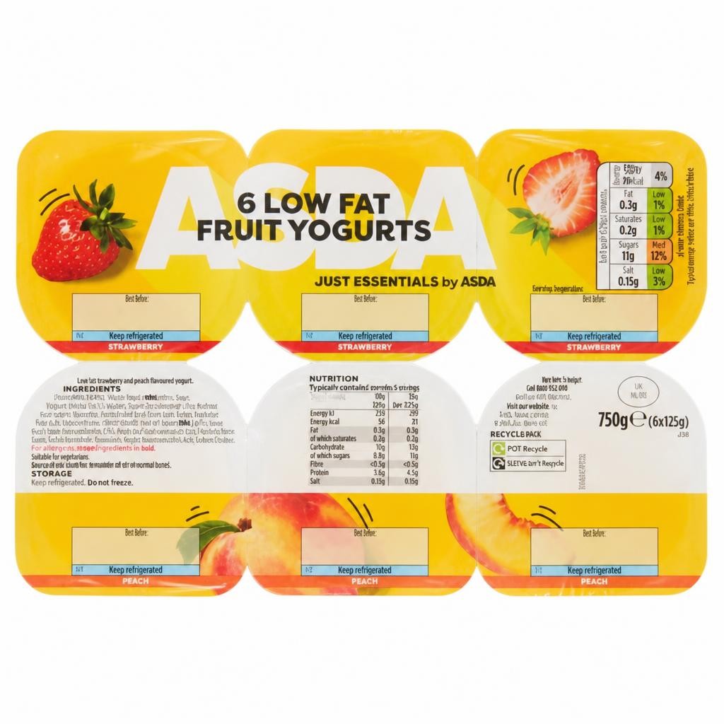 JUST ESSENTIALS by ASDA Low Fat Fruit Yogurts 6 x 125g (750g)