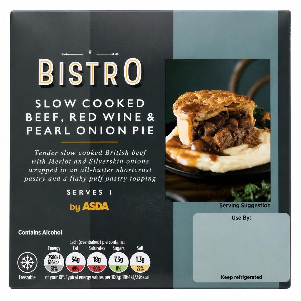 Bistro by ASDA Slow Cooked Beef, Red Wine & Pearl Onion Pie 250g