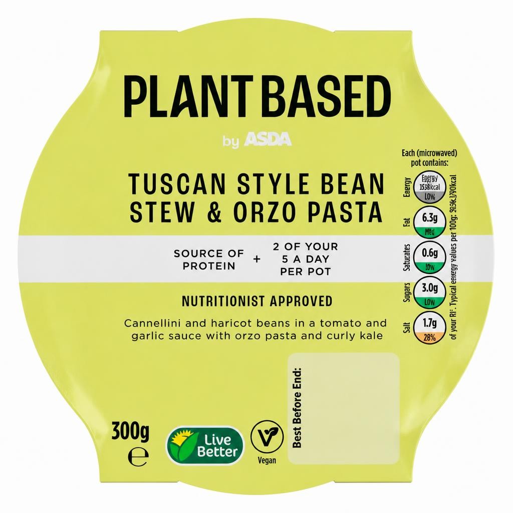 ASDA Plant Based Plant Based Tuscan Style Bean Stew & Orzo Pasta 300g