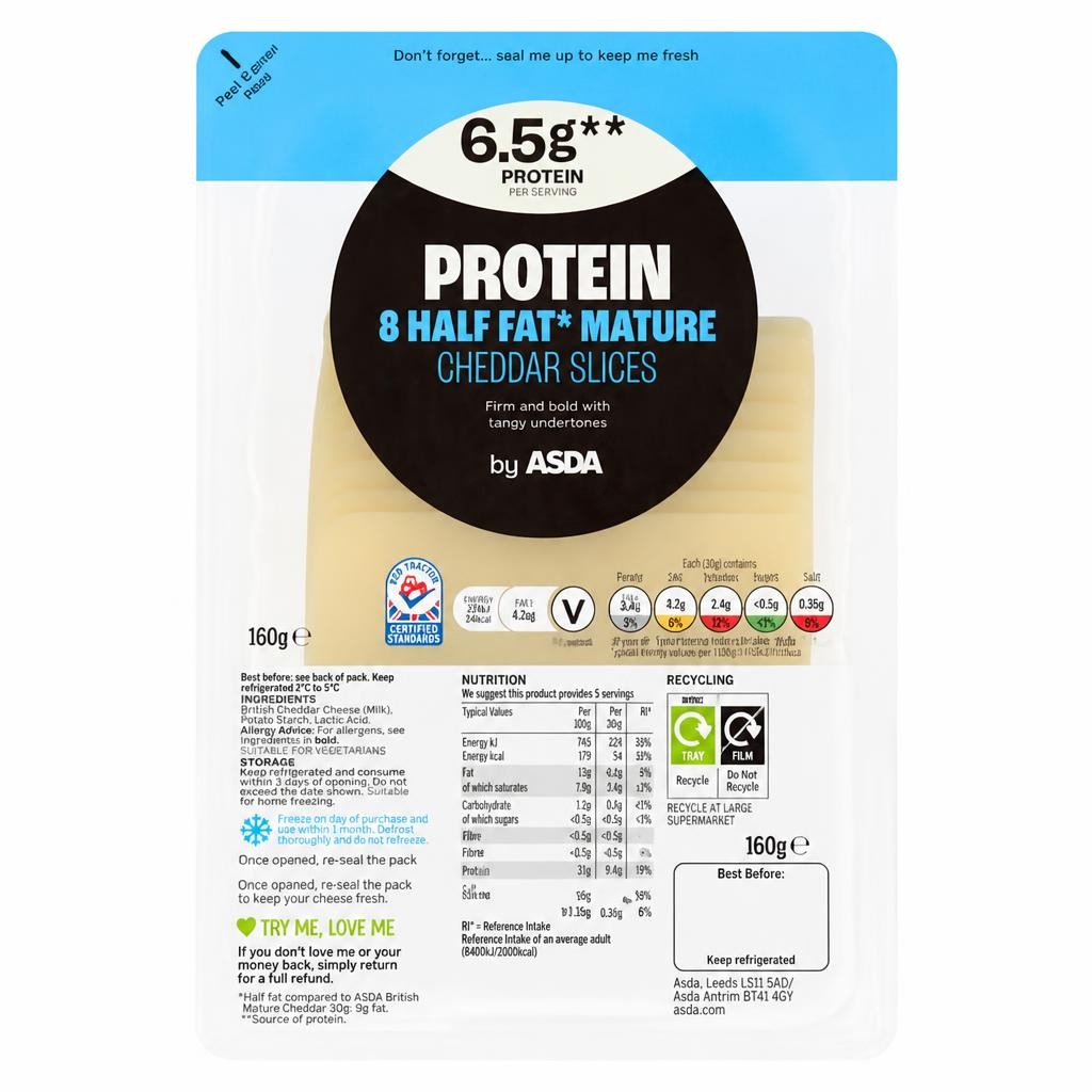 ASDA Protein 8 Half Fat Mature Cheddar Slices 160g