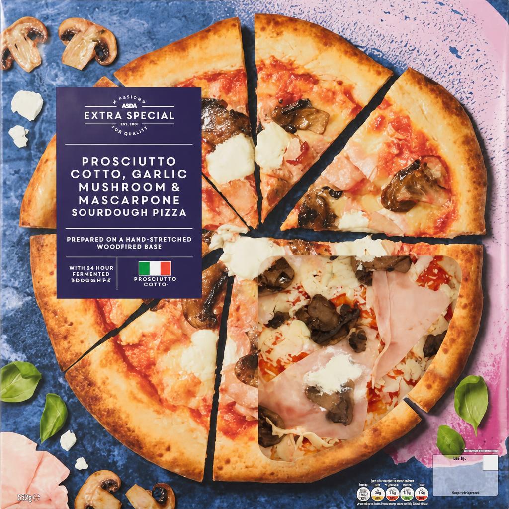ASDA Extra Special Extra Special Prosciutto Cotto, Garlic Mushroom & Mascarpone Sourdough Pizza 476g