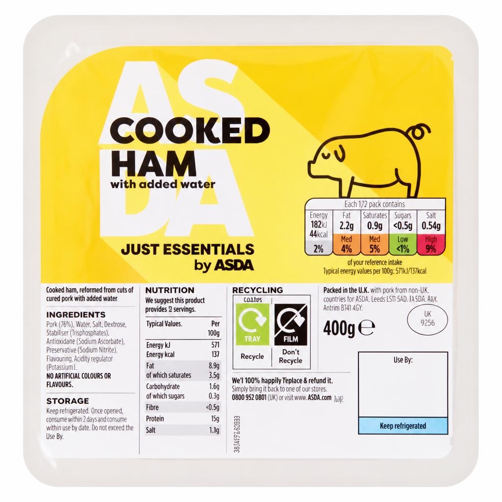 JUST ESSENTIALS by ASDA Cooked Ham with Added Water 400g