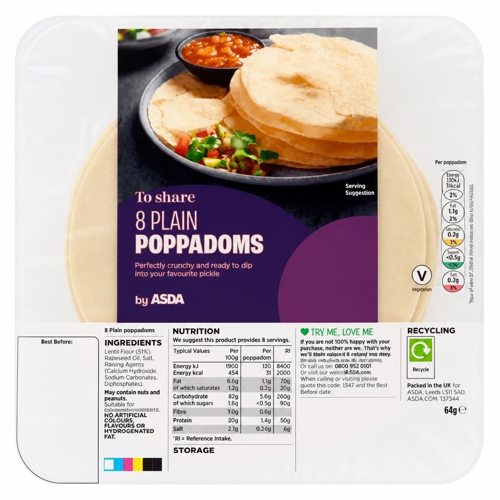 ASDA 8 Plain Poppadoms 64g