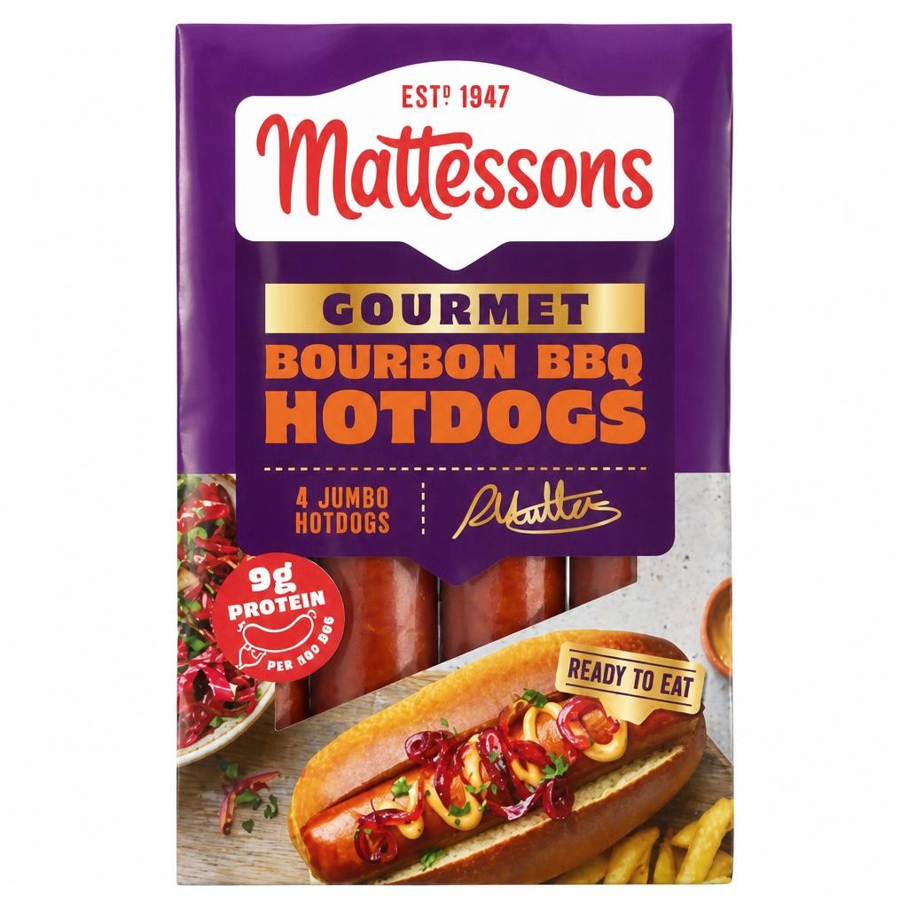 Mattessons 4 Gourmet Hot Dogs Bourbon BBQ 280g